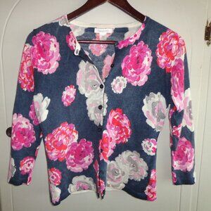 NWOT Garnet Hill Cropped Button Down Sweater Cardi S 100% Merino Wool Floral